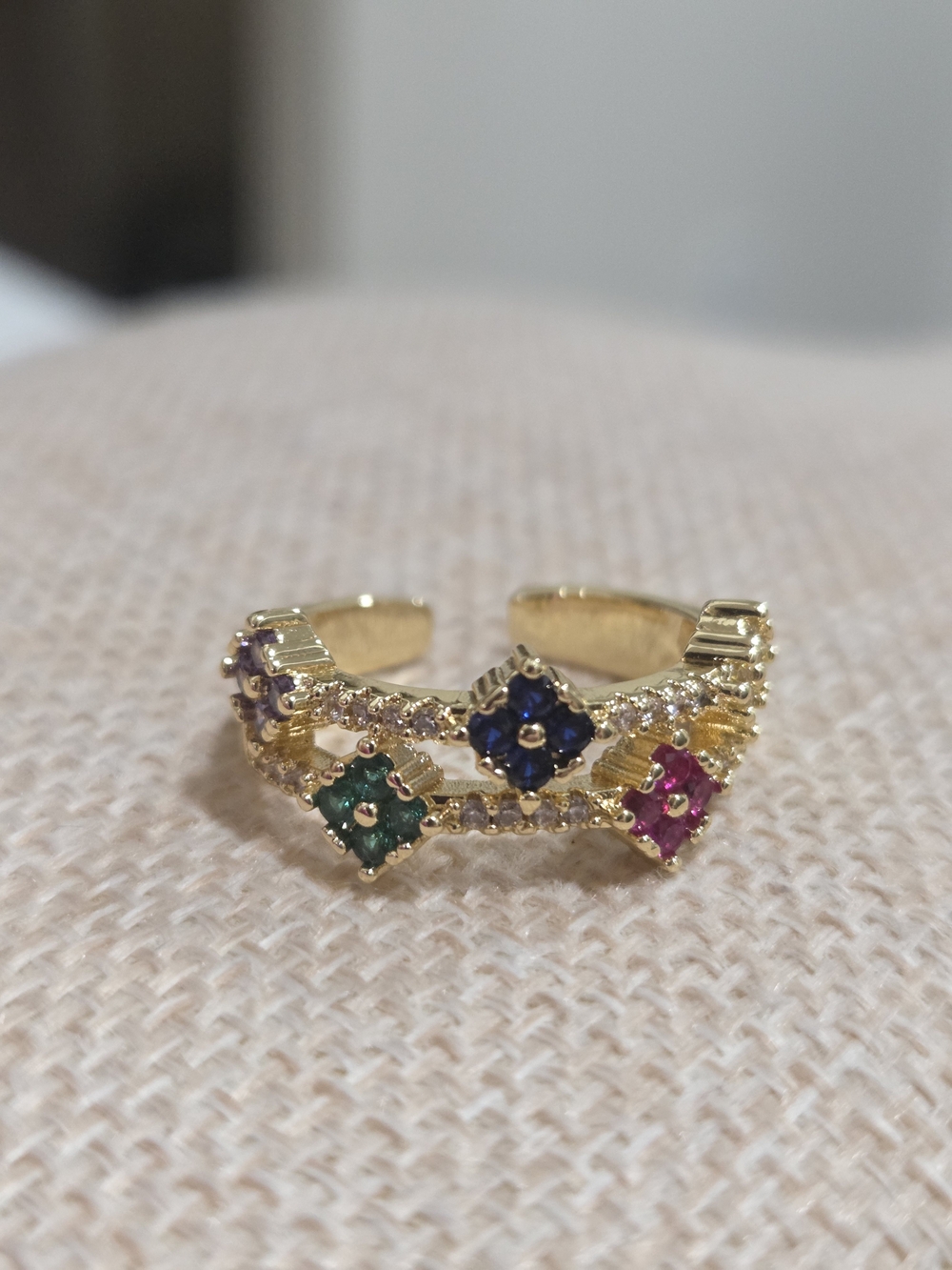 Gold Multistone Open Band Ring with Blue, Green & Pink Stones - Size 8